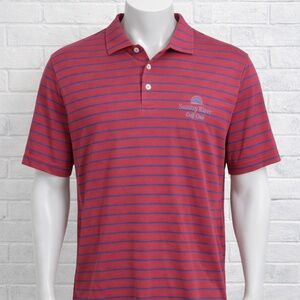 B Draddy Mens Size M Pink Blue Striped Golf Polo Shirt Sunday River Club Logo